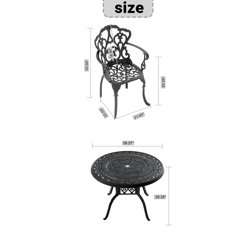 5-Piece Outdoor Dining Set for 4, 39.37" Cast Aluminum Round Patio Table and Chairs, Black