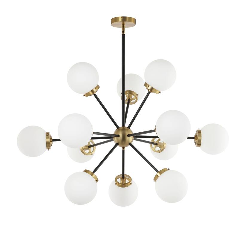 Modern Chandelier Sputnik Black Brass 12-Light Opal Glass