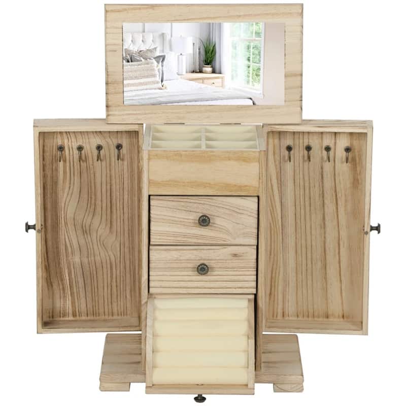 Brown Wooden Jewelry Box with Mirror and Rotating Doors, 4 Tier Storage Drawers for Rings and Necklaces
