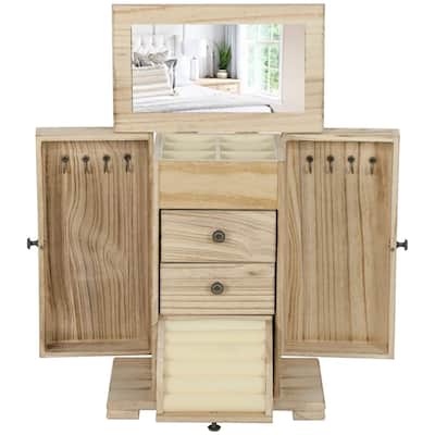 Brown Wooden Jewelry Box with Mirror and Rotating Doors, 4 Tier Storage Drawers for Rings and Necklaces