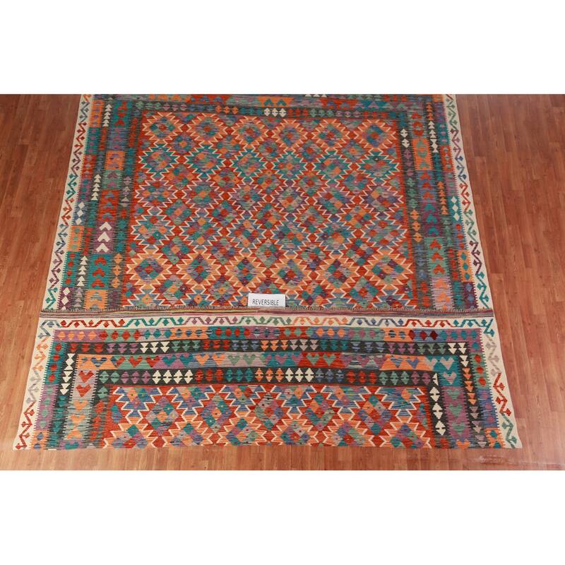 Reversible Kilim Area Rug Oriental Hand-Woven Wool Carpet - 9'11"x 13'0"