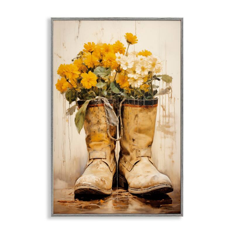 Stupell Flowers in Rugged Country Boots Framed Giclee Art Design By Heidi Kuntz - 16 x 24 - Grey