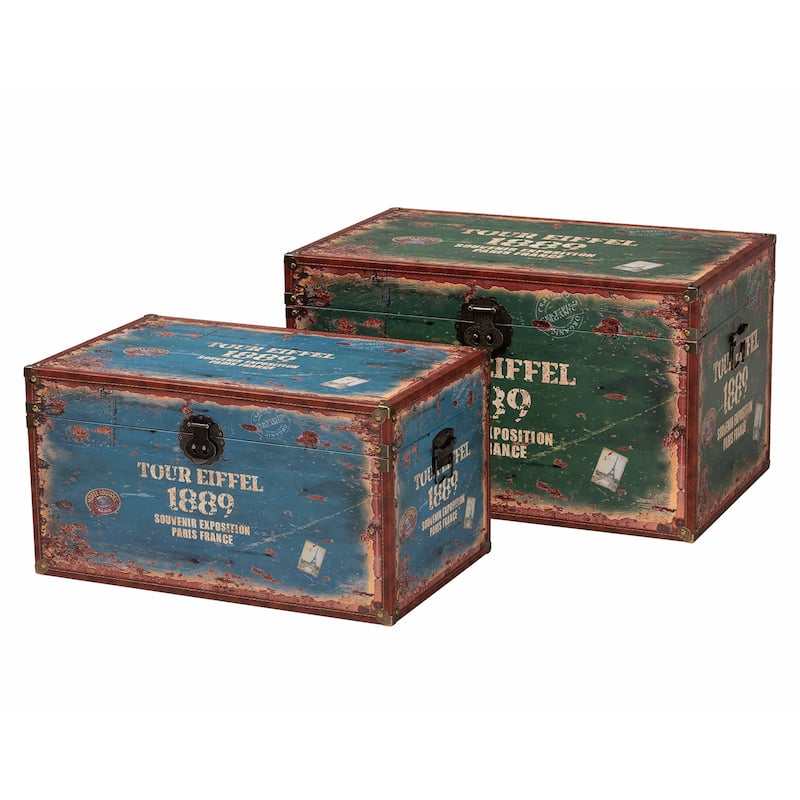 Sabeen Vintage Parisian Faux Leather and Wood 2-Piece Storage Trunk Set - Multi