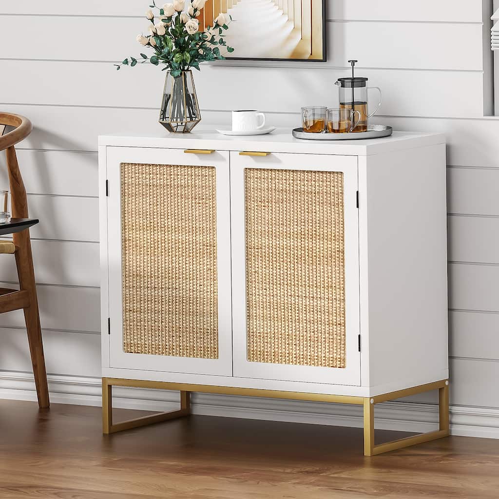Modern 2-Door White Rattan Buffet Sideboard Wood Kitchen Accent Storage Cabinet