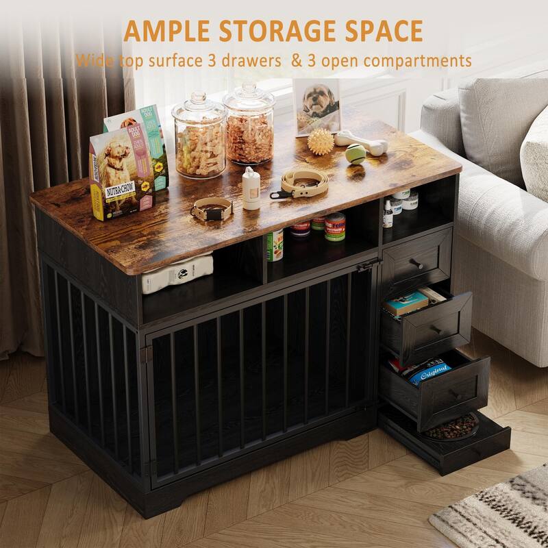 48" Farmhouse Dog Crate Furniture, with Bowl and Storage Drawers