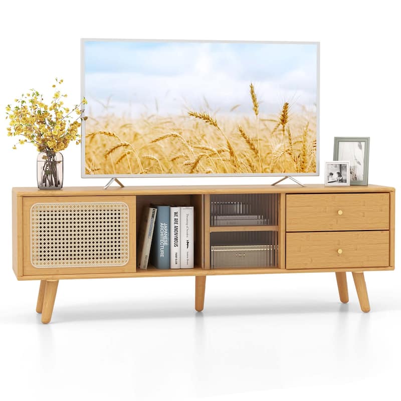 Costway Bamboo TV Stand Console Table with PE Rattan Door & 2 Drawers - See Details - Natural Bamboo Color - See Details