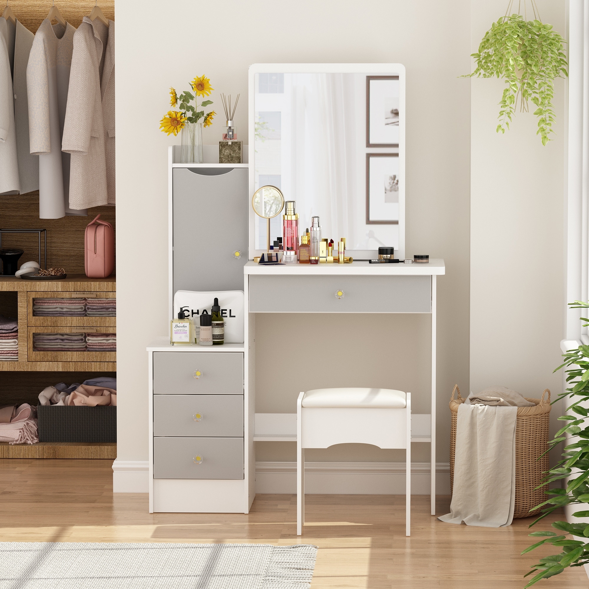 Kerrogee Grey Vanity Set w/ Sliding Mirror and Cushioned Stool - 33"L x  15.7"W x 52.4"H - Bed Bath & Beyond - 34605547