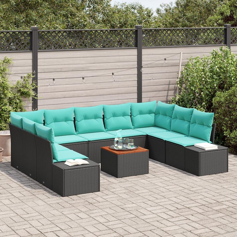 vidaXL 10 Piece Garden Sofa Set with Cushions Black Poly Rattan Acacia - 113.8×82.3×27.2