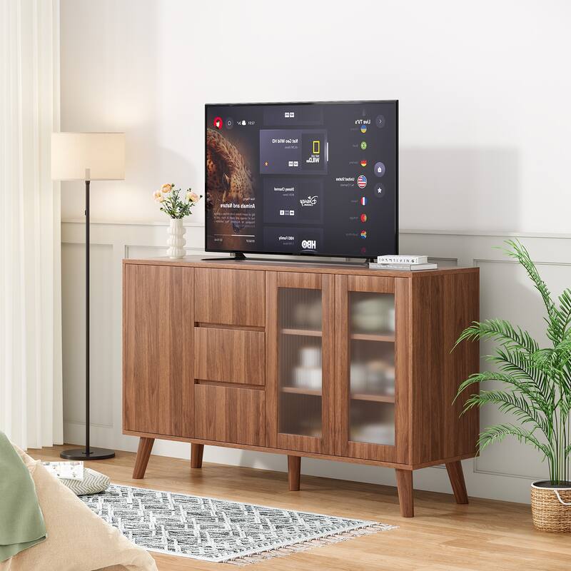 Farmhouse Buffet Cabinet, 55.5" Coffee Bar with 3 Drawers and Pop-Up Doors, Large Rustic Sideboard for Dining Room