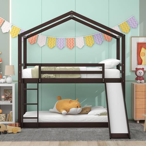 slide 2 of 9, Playhouse Style Twin Over Twin Bunk Bed with Roof, Platform Bed with Slide and Ladder, Wooden Bed with Guardrail, Espresso Brown - Twin