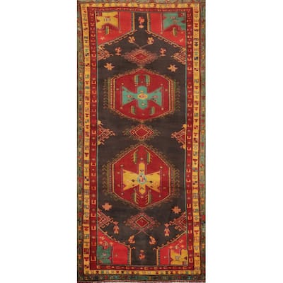 Hand Knotted Oriental 100% Wool Carpet Traditional Geometric Greys & Charcoal Ardebil Runner Rug - 9' 7'' X 4' 0''