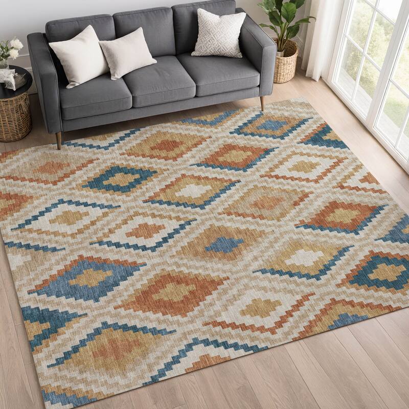 Machine Washable Indoor/ Outdoor Global Geo Chantille Rug