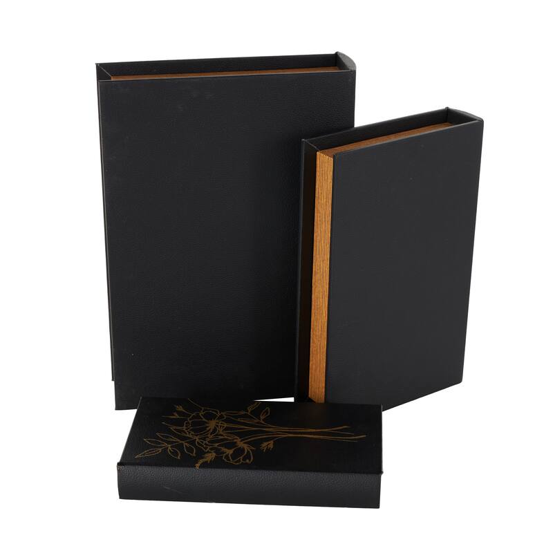 Black Faux Leather Faux Book Storage Floral Decorative Box with Gold Accents (Set of 3)