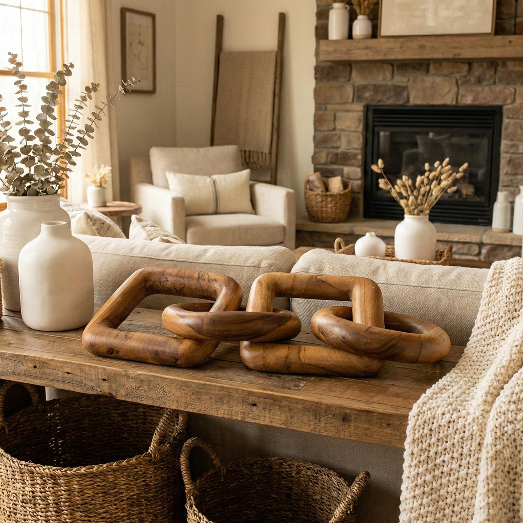 Wood Chain Link Sculpture - Hand Carved 2 Round 1 Square Link Decor, Rustic Modern Accent