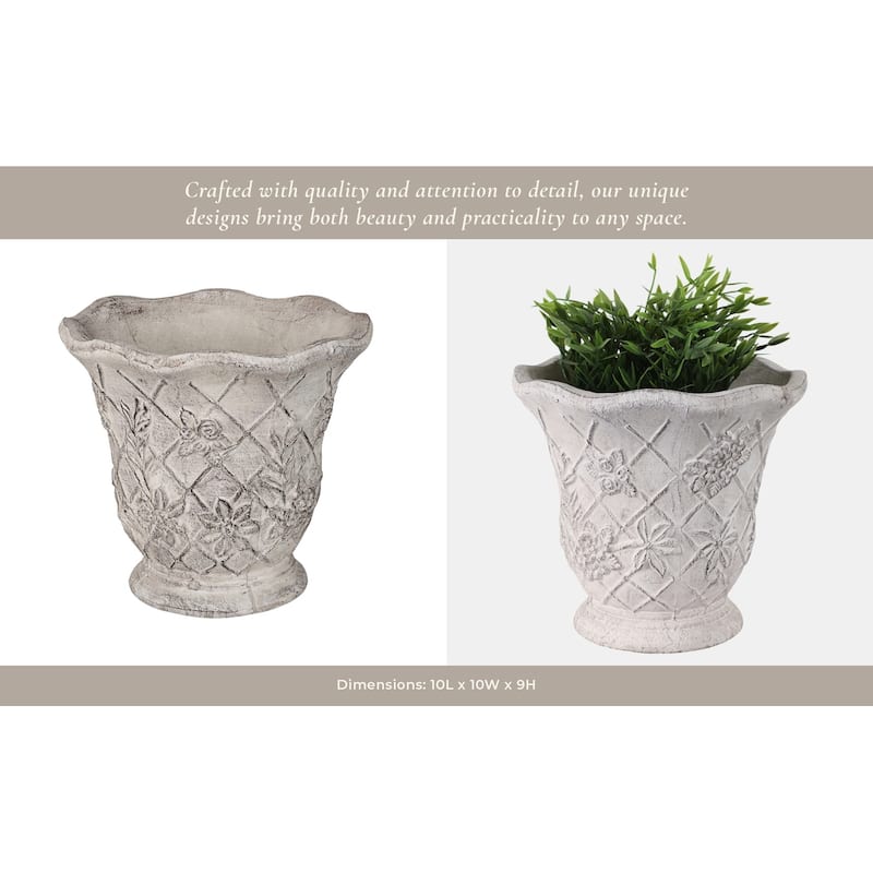 Terracotta Planter Embossed Floral Design Antique Texture - 9" Tan - 10" x 10" x 9"