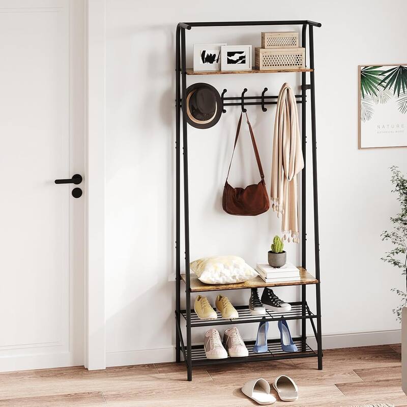Hall Tree With Shoe Storage Bench, 4-In-1, Steel Frame With 10 Hooks for Entryway, Freestanding Coat Rack Stand for Home - N/A