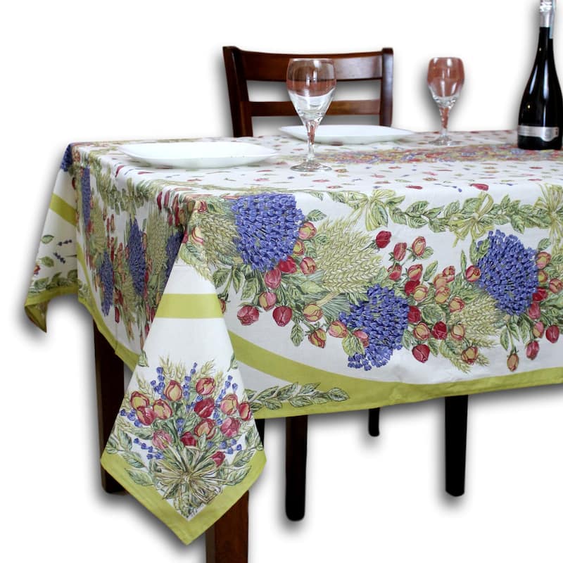 Wipeable Spill Resistant Provencal Cotton Cannes Collection Tablecloth - 60 x 98 in - Off-White Rose Lavender