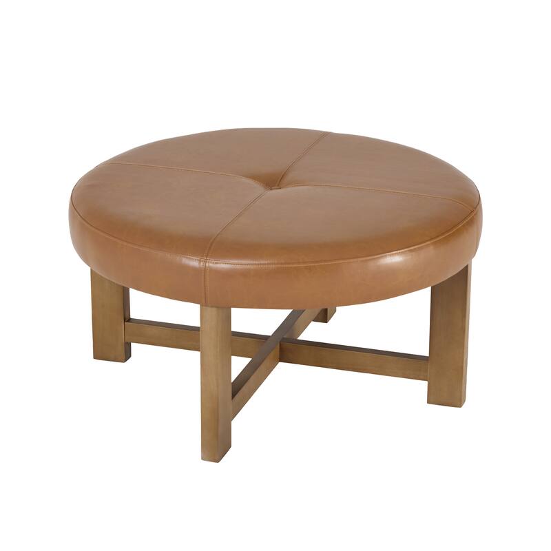 Christopher Knight Home - Marlowe Modern Round Faux Leather Ottoman Coffee Table with Tufted Top and Wood Base