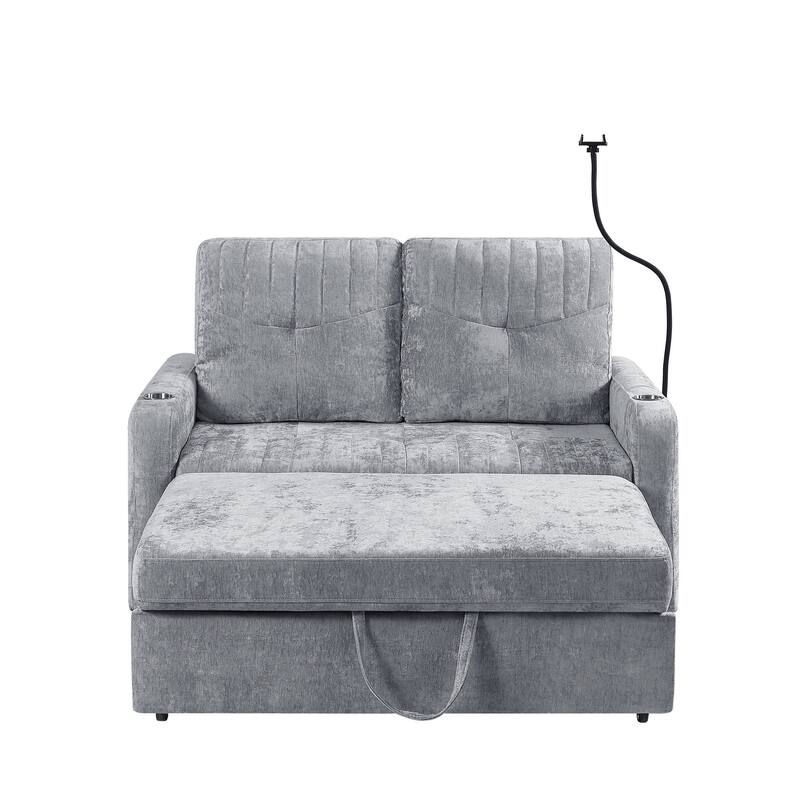 Chenille Loveseat Convertible Pull-out Sleeper Sofa Bed, Tufted Couch w2 Cup Holders Phone Holder & 3 USB Ports, Pockets