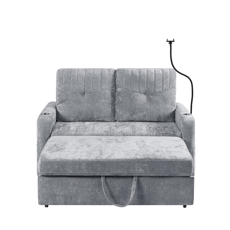 Multi-Functional Sleeper Sofa Pull-Out Loveseat with USB Charging, Sofa Bed with Adjustable Backrest and Storage Pockets