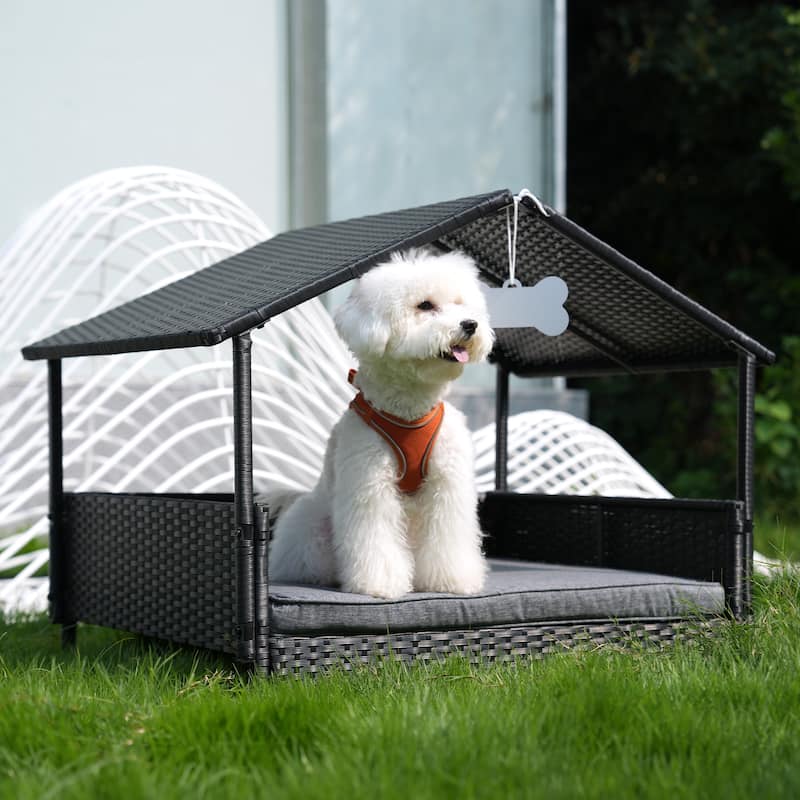 Outdoor Cushioned Wicker Dog House Pet Bed