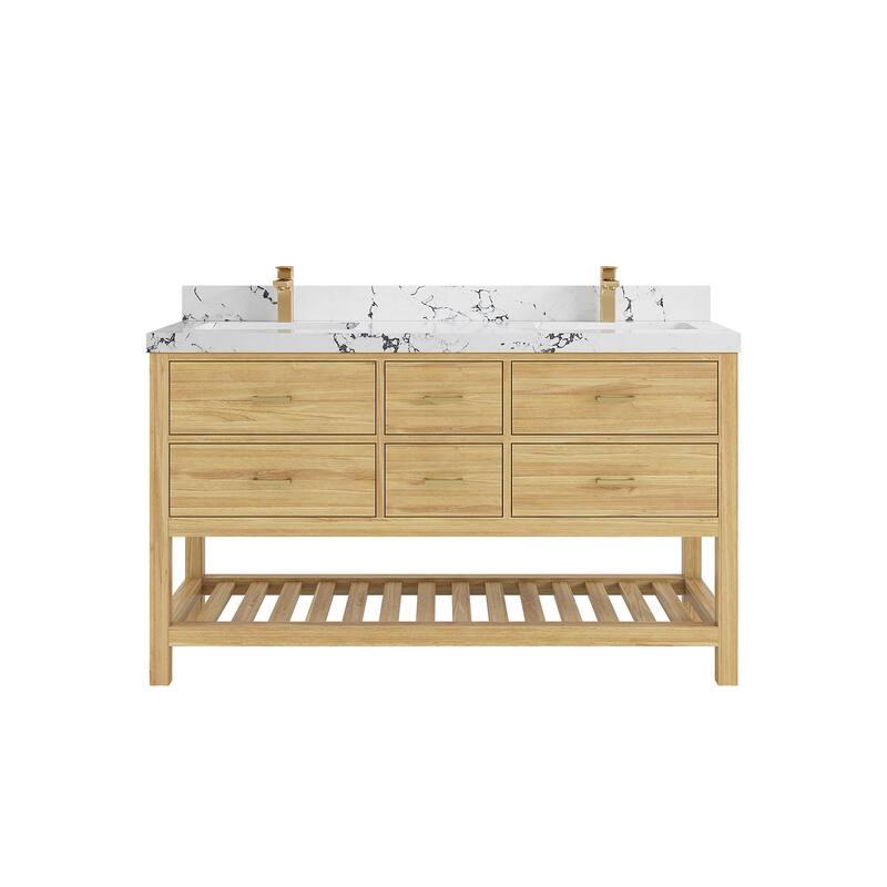 Willow Collections 60 in. W x 22 in. D Parker Solid Teak Double Sink Bathroom Vanity with Countertop