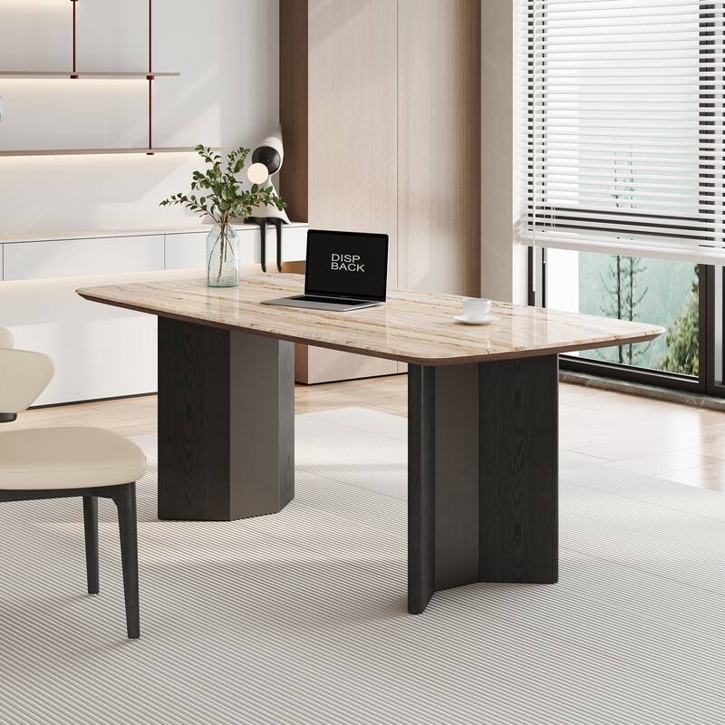 Modern 63" Retangular Wrining Desk, Faux Marble Table Top Desk With Double Legs