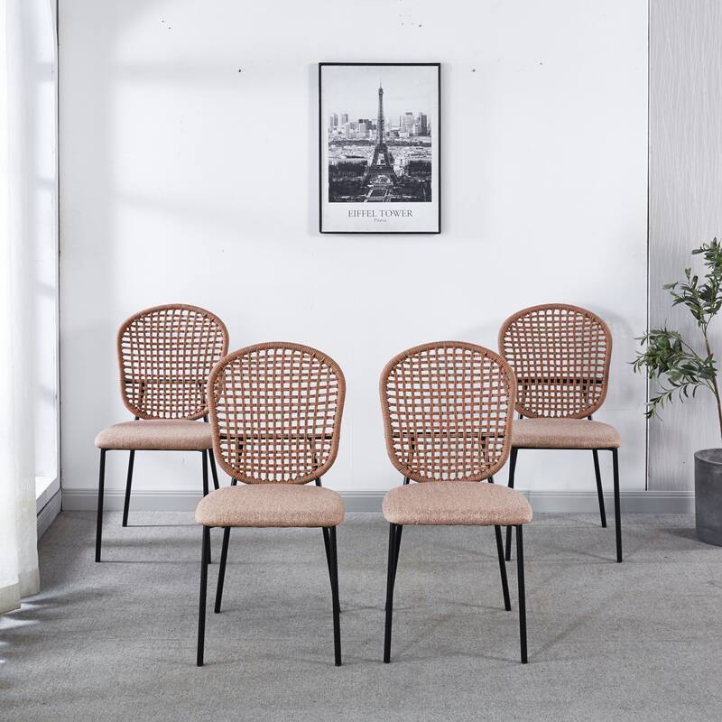 4 Piece Woven Kitchen Dining Chairs with Cushions, Backrests, Stainless Steel Legs for Dining Room Kitchen Living Room Bedroom