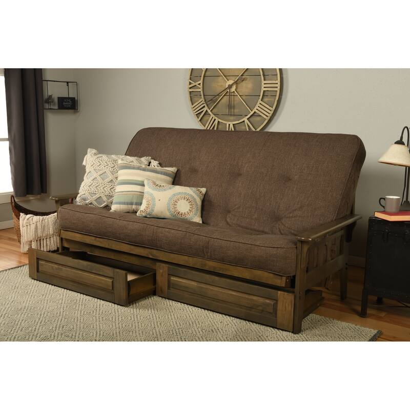 Somette Tucson Queen-size Storage Futon Set in Rustic Walnut Finish with Linen Mattress