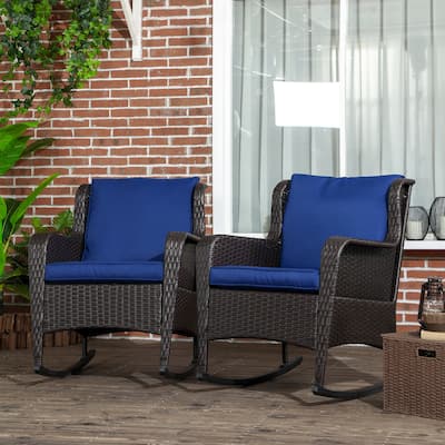 Outsunny Outdoor Wicker Rocking Chair Set of 2 with Wide Seat, Thick Cushions, Rattan Rockers with Steel Frame, High Weight