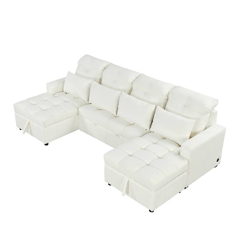 110.2" Oversized U-shaped Sectional Sofa Bed, Double Storage, 2 USB Ports, Beige Chenille for Living Room