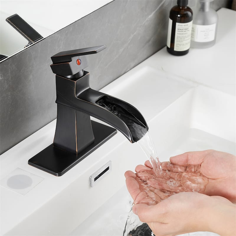 Single Hole Waterfall Bathroom Faucet with Pop-up Drain Brass 1 Handle Modern Bathroom Sink Basin Taps with Deck Plate