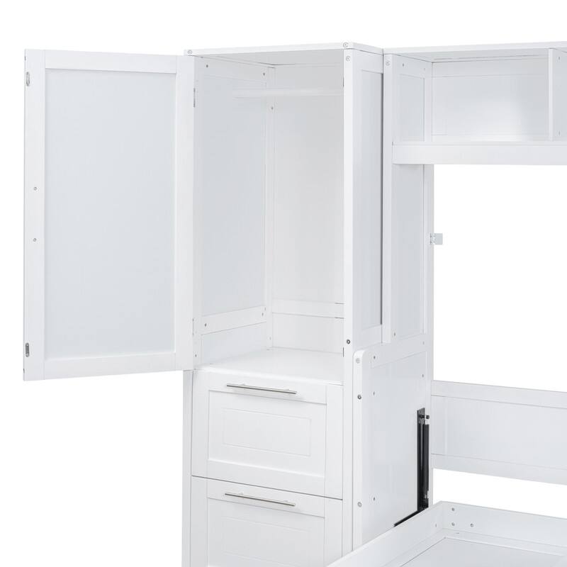 Full Size Wood Murphy Bed with Shelves,Wall Bed with Closet and Drawers