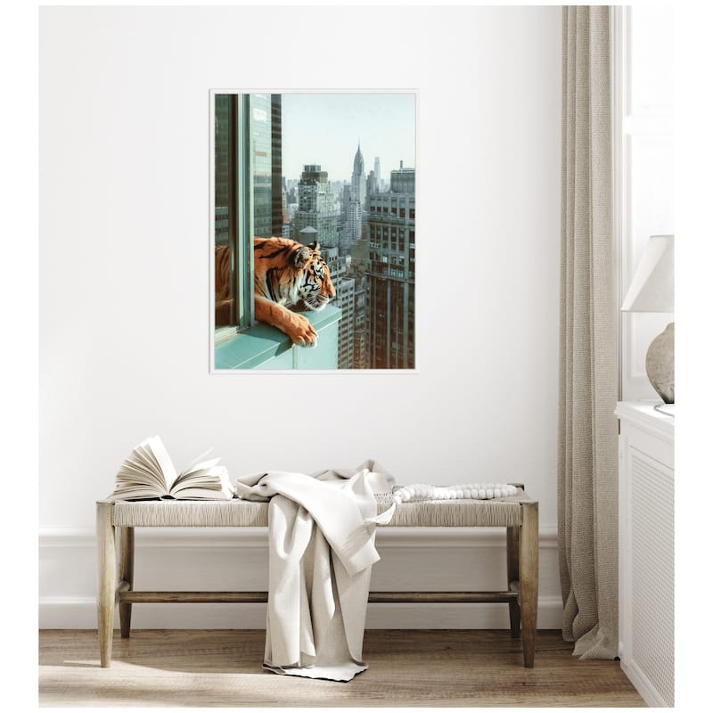 Kate and Laurel Sylvie Urban Tiger Overlooking Manhattan Framed Canvas by Michael Schauer