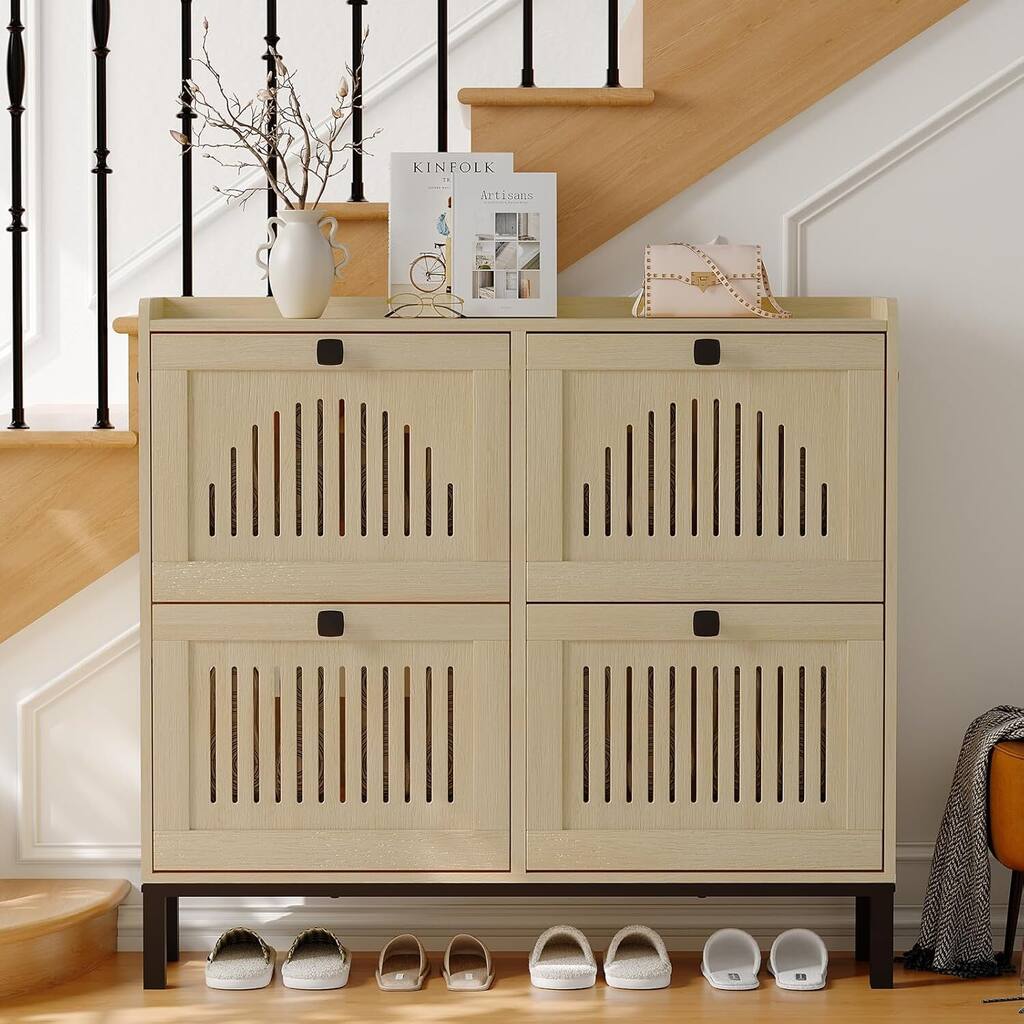 Freestanding 4 Flip Drawer Shoe Cabinet Organizer for Entryway, Hallway, Living Room