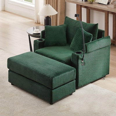 41.7" Modern Green Corduroy Sofa with Storage, Ottoman, USB Ports, Cup Holders & Phone Holder