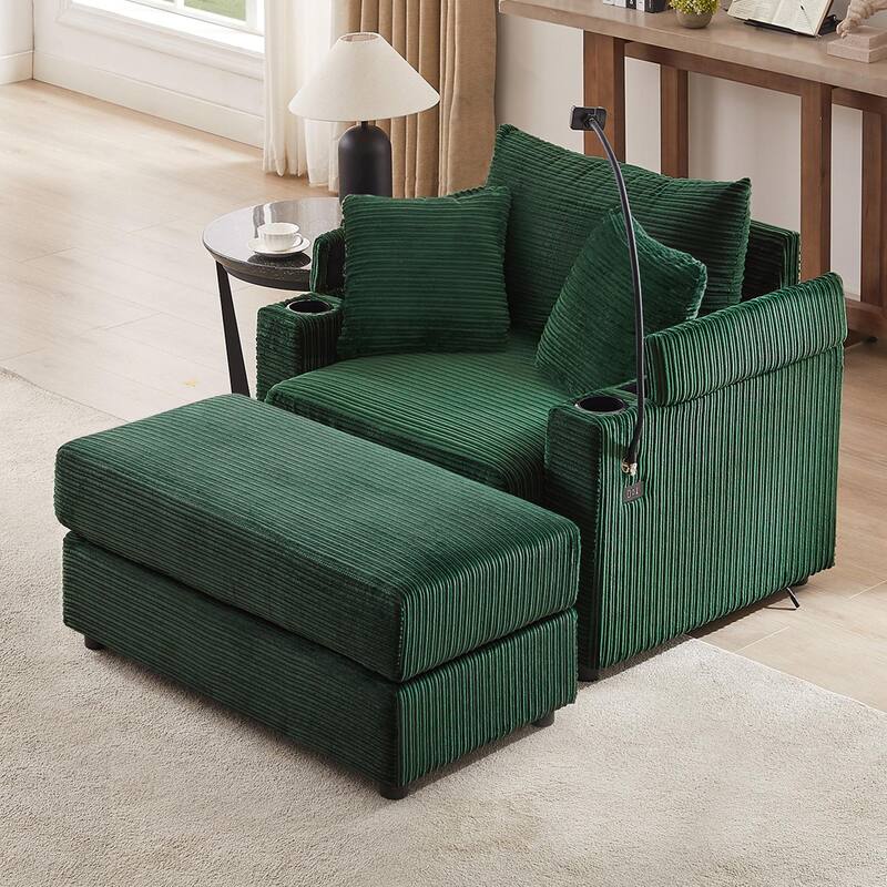 Modern Single Sofa with Movable Ottoman, Hidden Storage, USB Ports, Cup Holders and Phone Holder for Living Room - Green