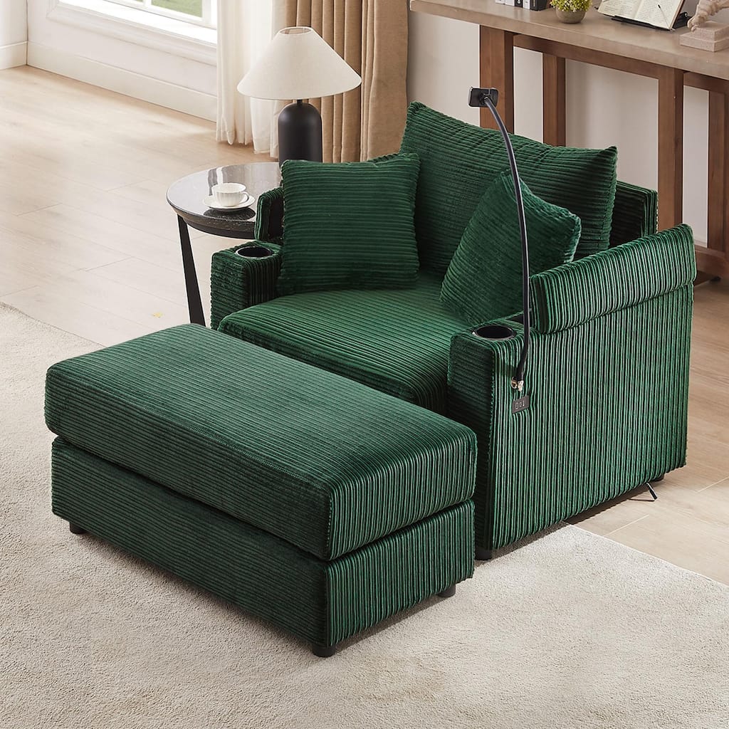 Modern Single Sofa with Movable Ottoman, Hidden Storage, USB Ports, Cup Holders and Phone Holder for Living Room