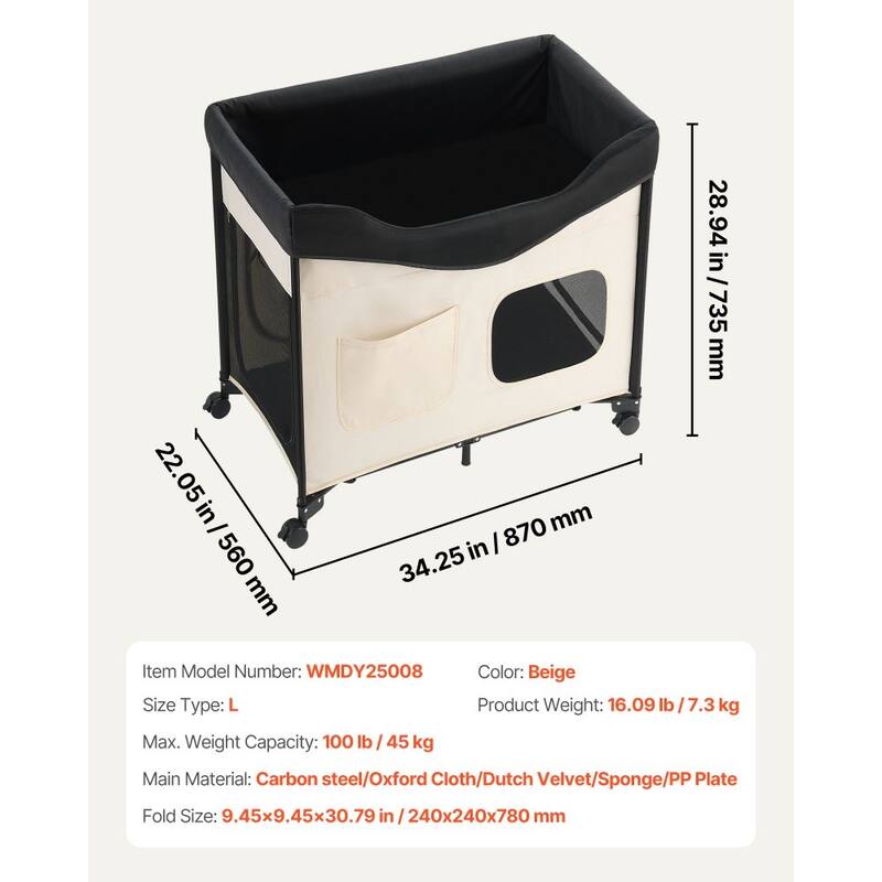 Beige Carbon Steel Dual-Level Pet Bed with Wheels and Foldable Design