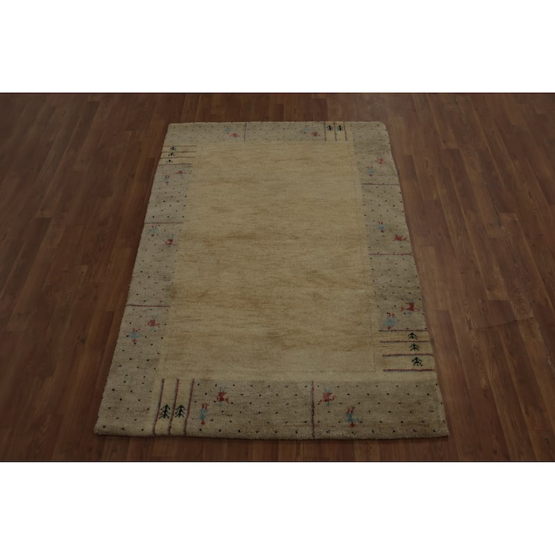 Hand Knotted Oriental 100% Wool Carpet Modern Bordered Yellow & Gold Gabbeh Area Rug - 6' 0'' X 3' 11''