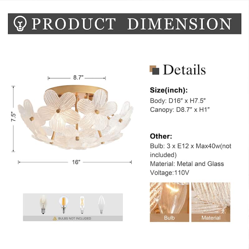 Frieda Modern 3-Light 16" Brushed Brass Clear Glass Flower Flush Mount - 16 inches in diameter x 7.5 inches H