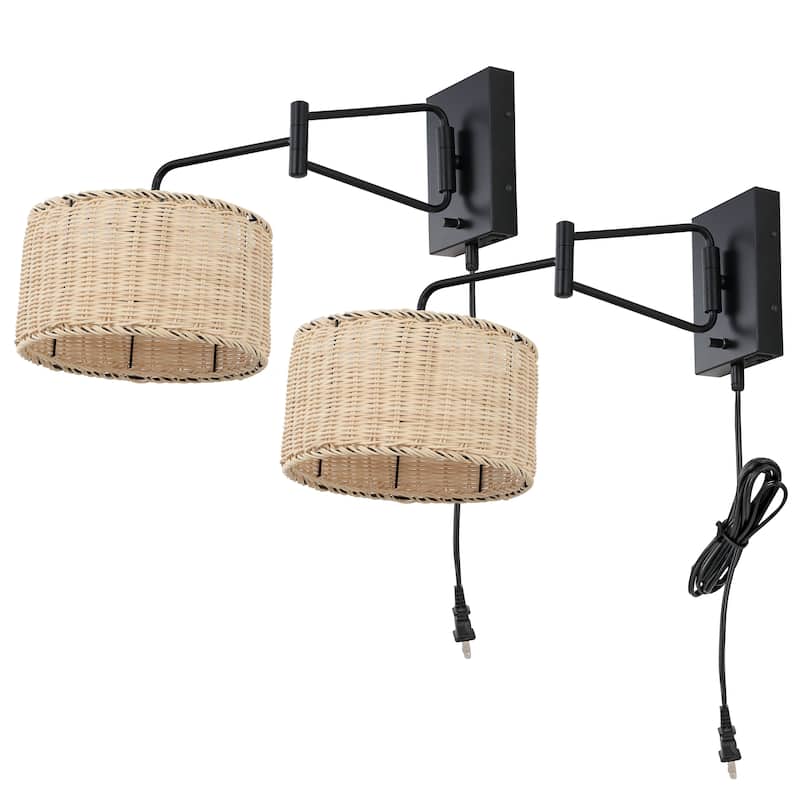 SAFAVIEH Lighting Liebgard Wall Sconce (Set of 2) - 10" W x 21" D x 12" H - 10Wx21Dx12H - Black/Natural Rattan