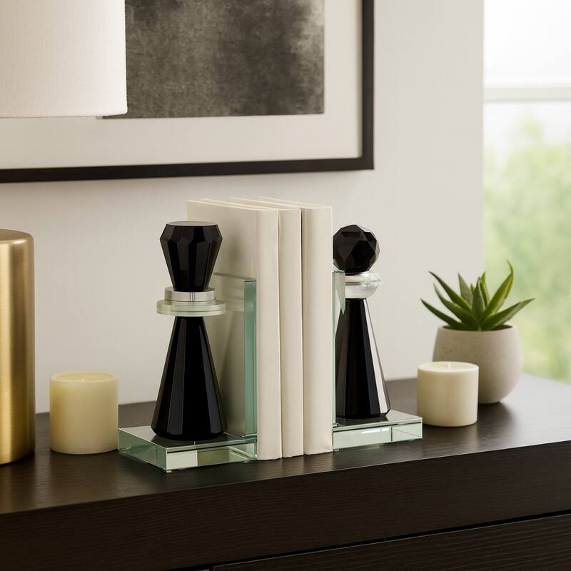 Modern Crystal Glass Chess Piece Inspired Bookends - Set of 2, 7", Clear - 7.0"