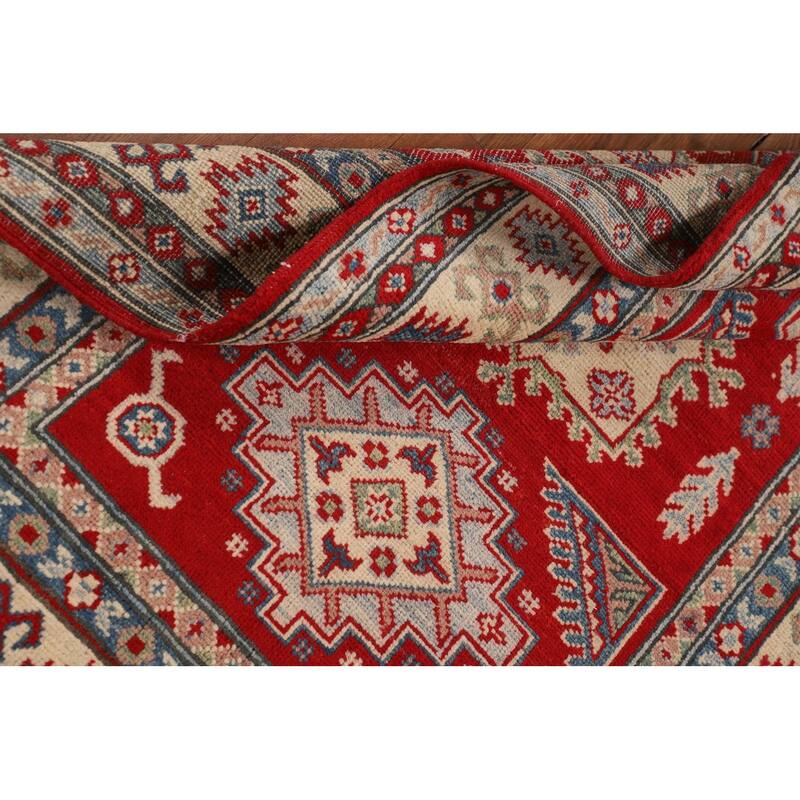 Red Geometric Kazak Accent Rug Hand-Knotted Wool Carpet - 3'4" x 4'11"