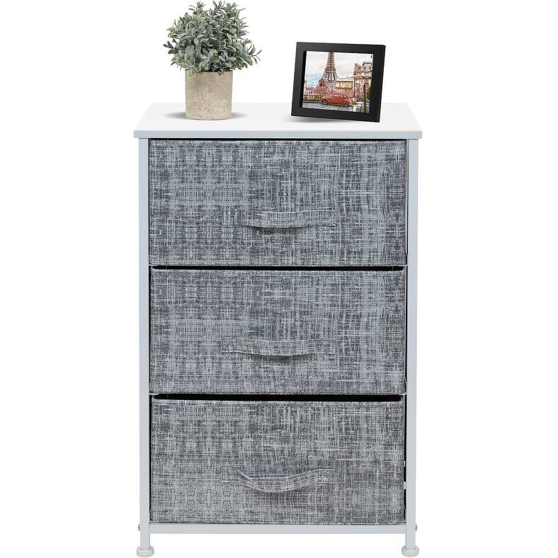 3 Drawer Nightstand Dresser Organizer Steel Frame Wood Top Fabric Bins