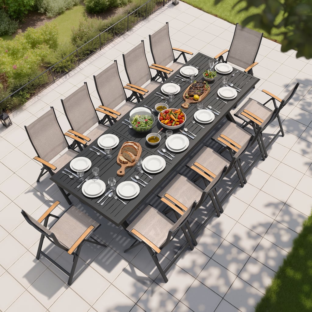 7/9/13/15-Piece Outdoor Patio Dining Set All-weather Aluminum Dining Table with Umbrella Hole and Adjustable Folding Chairs