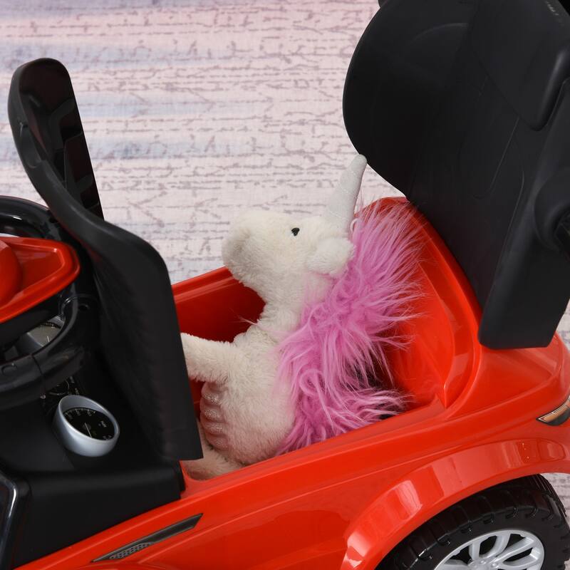 2-in-1 Toddler Push and Ride-On Car with Stroller Mode, Real Steering, Storage & Safety Guardrails - Red