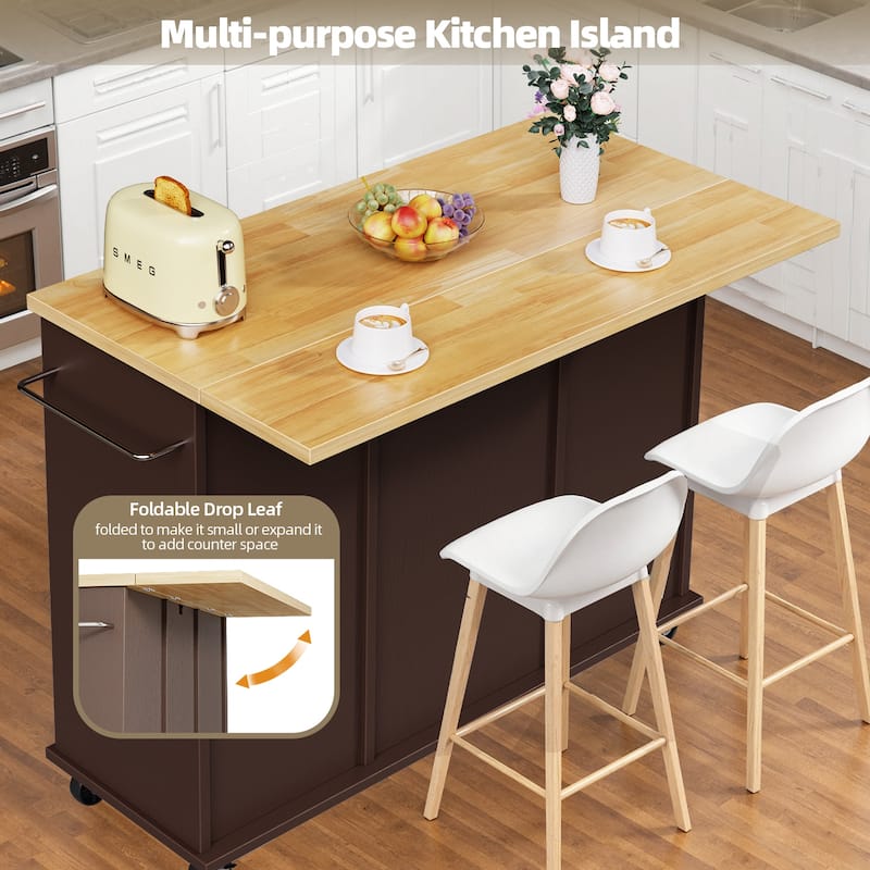 2-Door Kitchen Island with Drawer & Drop Leaf - Mobile Storage Cart on Lockable Wheels for Kitchen, Dining Room, Bar