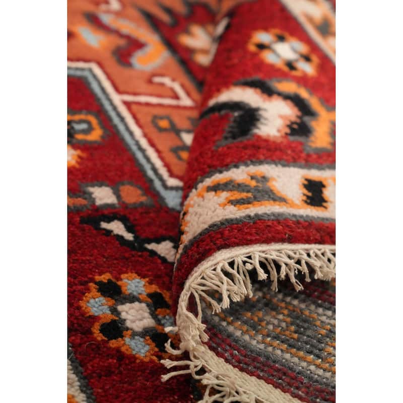 Hand Knotted Oriental 100% Wool Carpet Traditional Geometric Oranges & Rust Kazak Runner Rug - 7' 11'' X 2' 7''