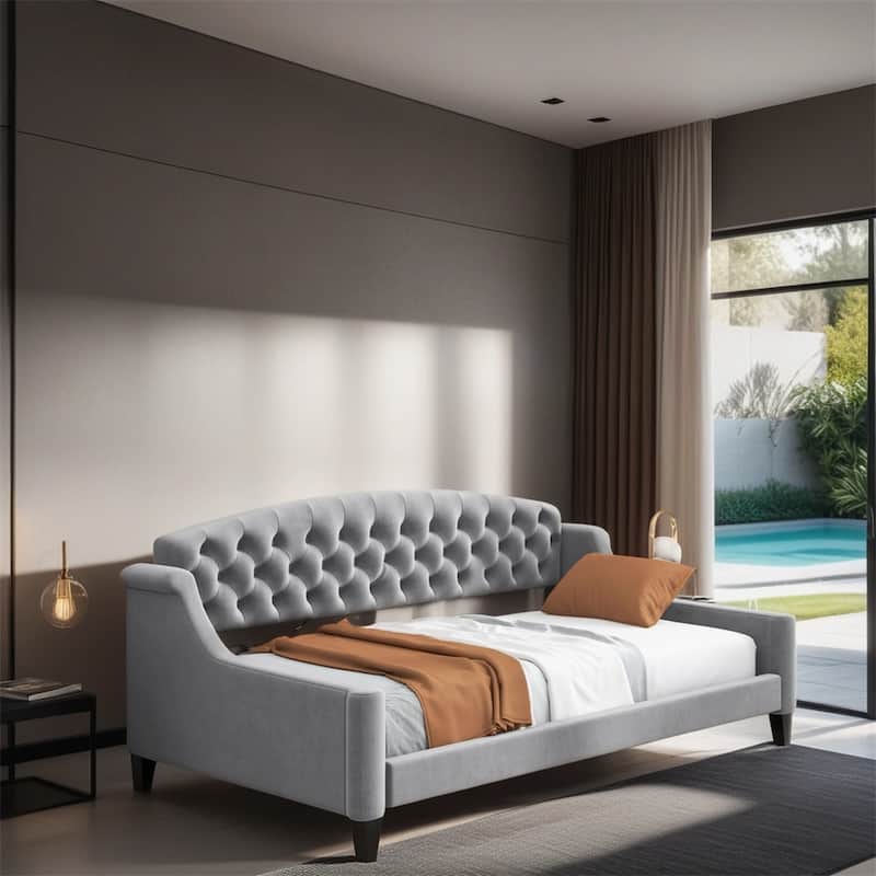 Twin Size Velvet Tufted Daybed with Wood Frame and Legs